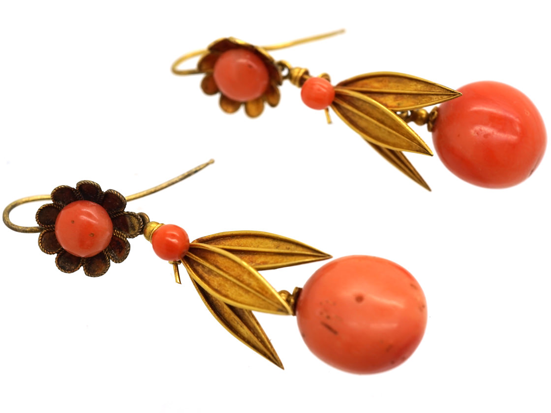 Victorian 18ct Gold Coral Drop Earrings 248K PR The Antique