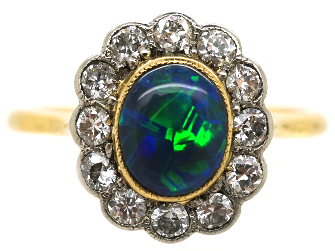 Edwardian 18ct Platinum Black Opal Diamond Oval Ring 137L The