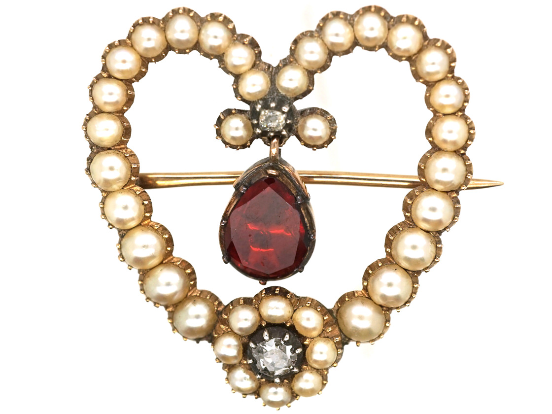 Georgian Heart Shaped Brooch Set With A Garnet Natural Split Pearls