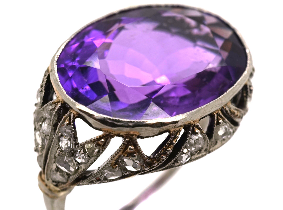 French Art Deco Platinum Rose Diamond Large Oval Amethyst Ring 759L