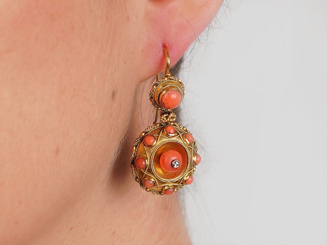 18ct Gold Coral Victorian Drop Earrings 954D The Antique