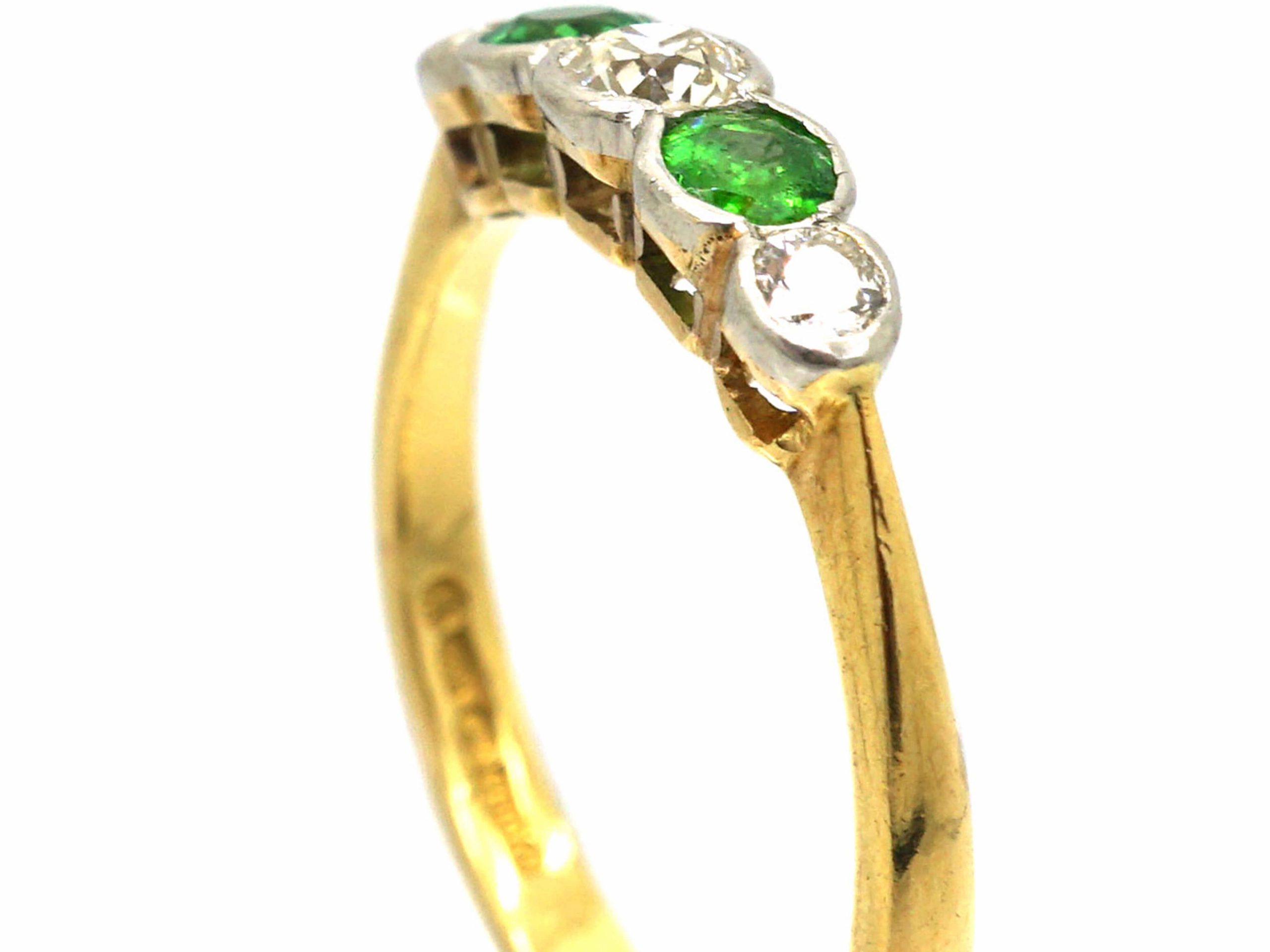 Edwardian Ct Gold Rub Over Set Green Garnet Diamond Five Stone