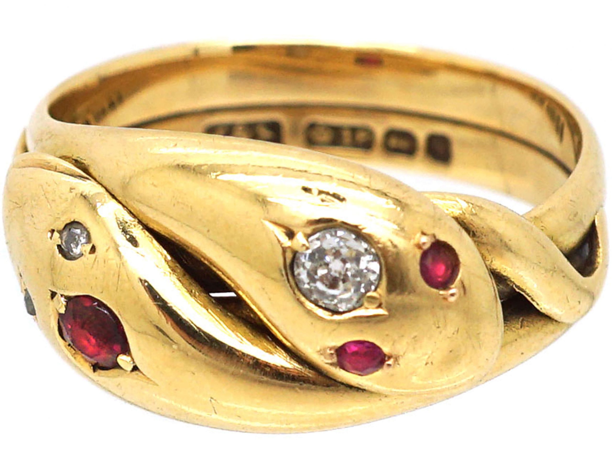 Victorian Ct Gold Double Snake Ring Set With Rubies Diamonds S