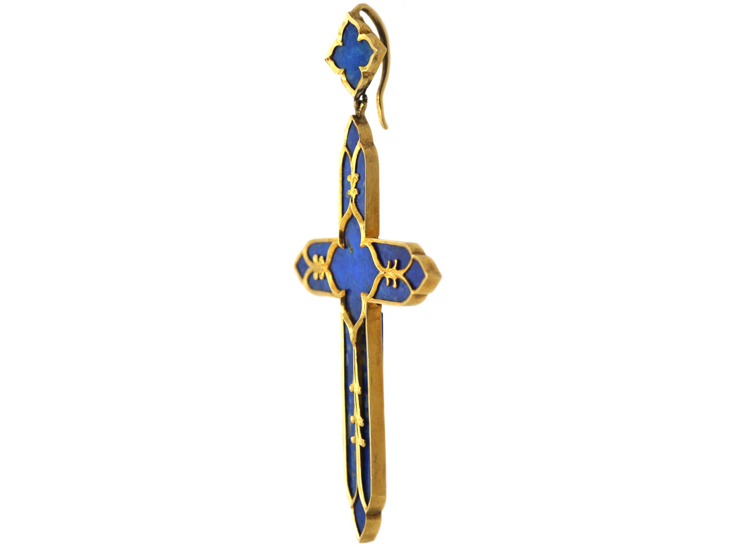 Victorian 18ct Gold Double Sided Cross With Gothic Motif Set With Lapis