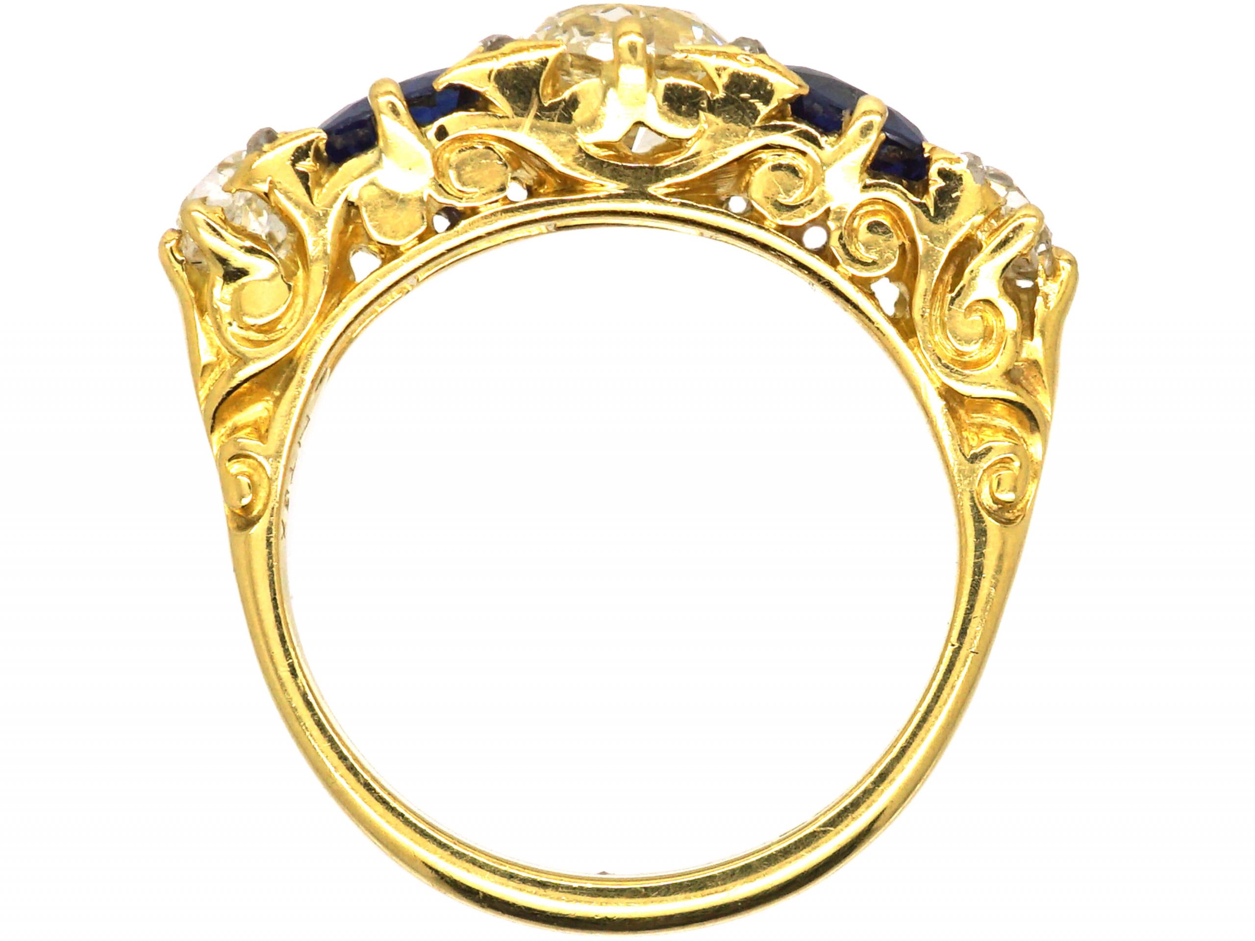 Victorian 18ct Gold Five Stone Sapphire Diamond Carved Half Hoop Ring