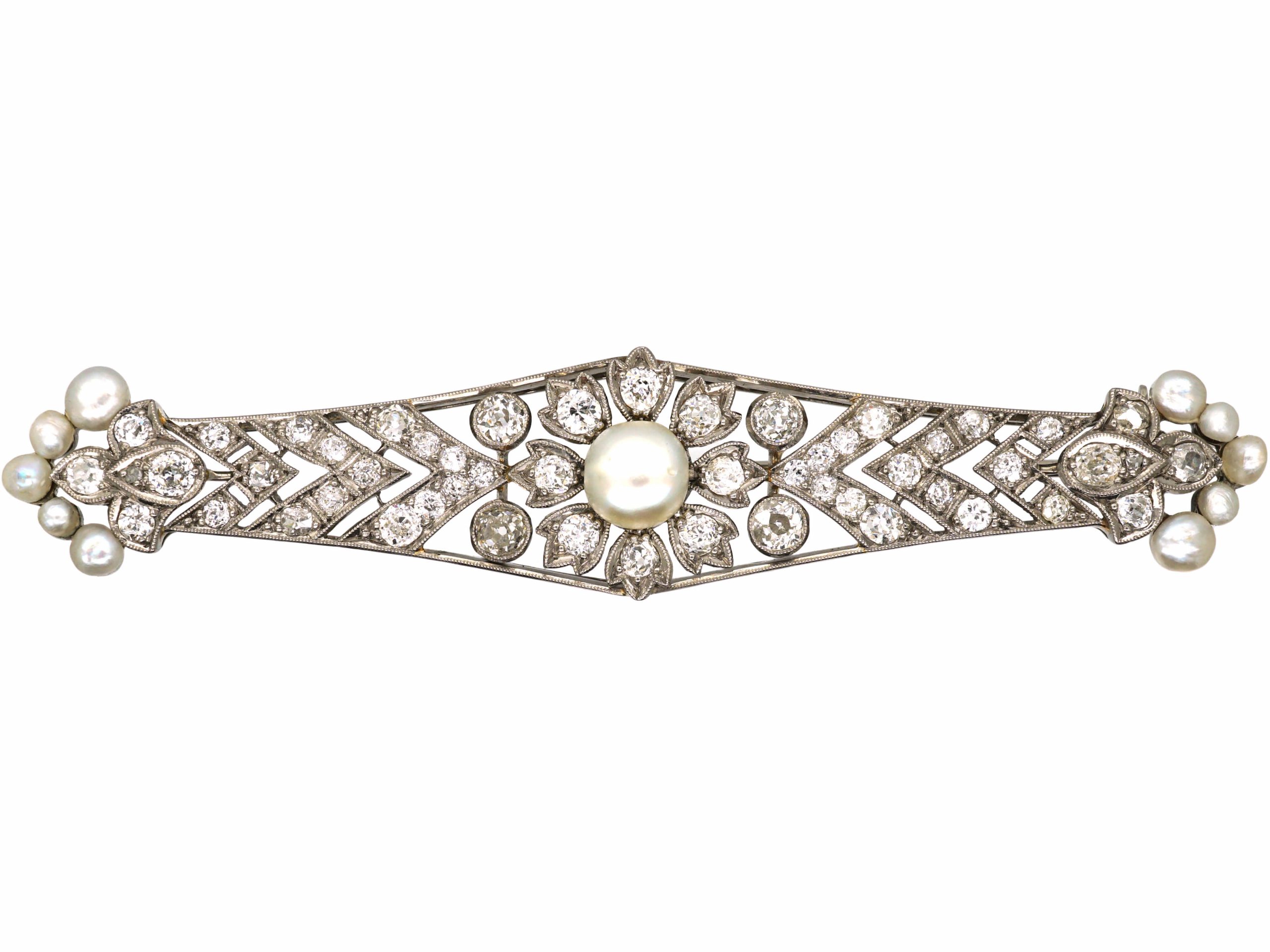 Early Th Century Ct White Gold Diamond Natural Pearl Brooch By