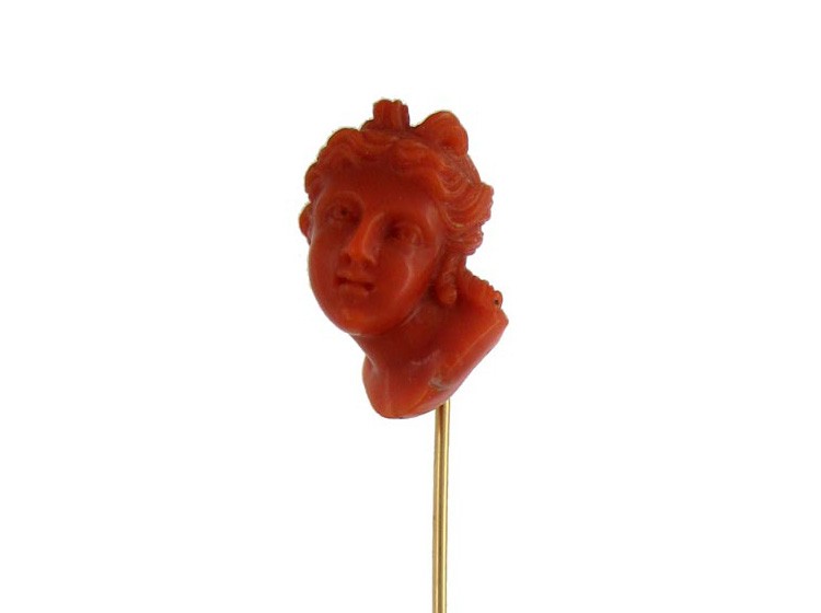 Coral Tie Pin of Neo-Classical Lady's Head