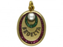 18ct Gold Locket with Ruby, Emerald, Diamond & Pearl Detail