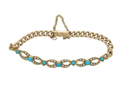 15ct Gold Turquoise & Pearl Curb Link Bracelet