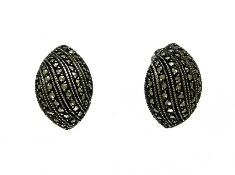 Marcasite & Silver Leaf Shaped Clip-On Earrings