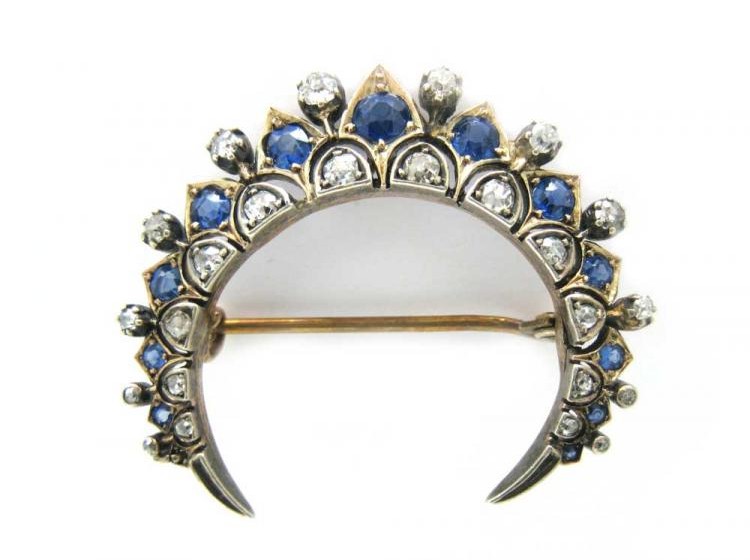 Sapphire & Diamond Crescent Moon Brooch