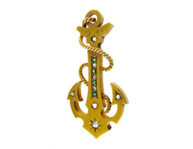 Victorian 15ct Gold Anchor Brooch set with Emeralds & Rose Diamonds