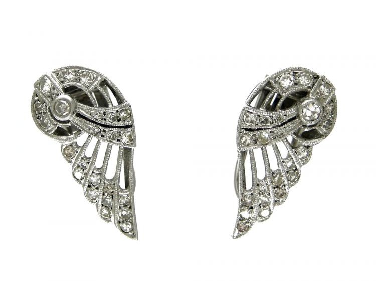 Diamond & Platinum Clip-On Wing Earrings