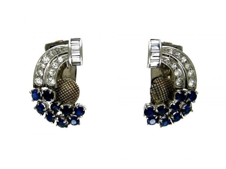 Sapphire, Diamond & White Gold Clip-on Earrings