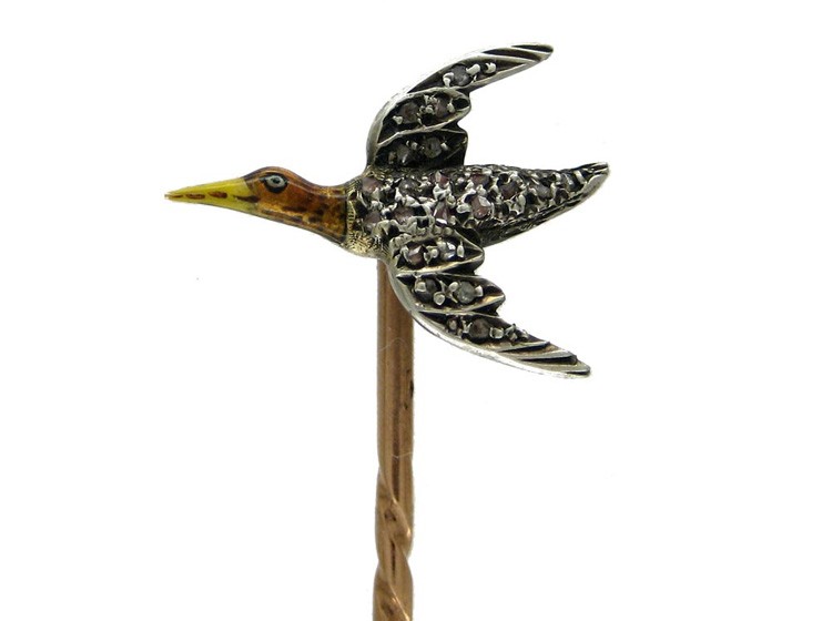 Flying Duck Tie Pin in Gold, Silver, Enamel & Diamond