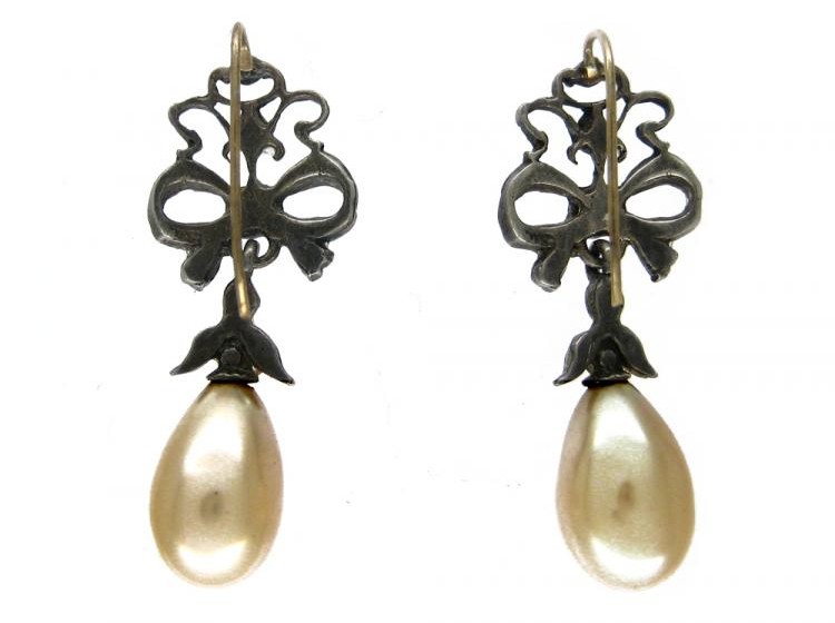Ornate Silver & Glass Pearl Drop Earrings