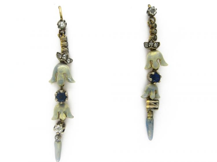Art Nouveau Sapphire, Diamond & Enamel Long Earrings