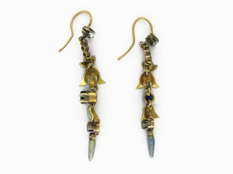 Art Nouveau Sapphire, Diamond & Enamel Long Earrings