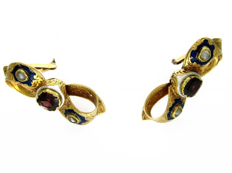 15ct Gold, Garnet & Enamel Bow Earrings