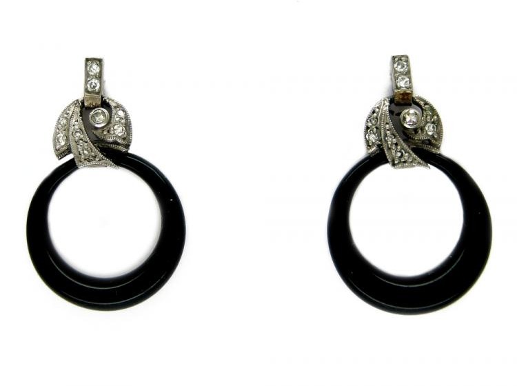 Onyx & Diamond Drop Hoop Earrings