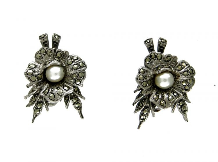 Marcasite & Pearl Flower Clip-On Earrings