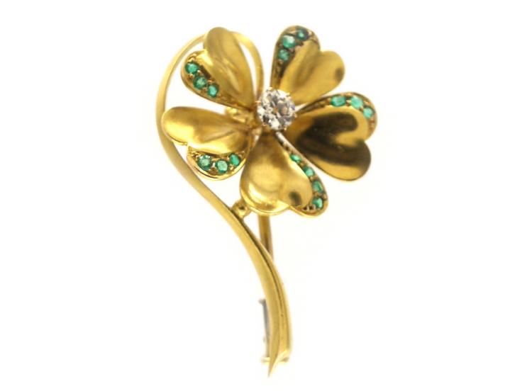 Emerald & Diamond Flower Brooch
