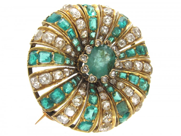 Emerald & Diamond Round Brooch
