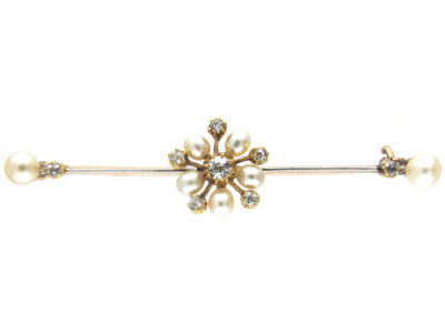 Diamond & Pearl Flower Bar Brooch