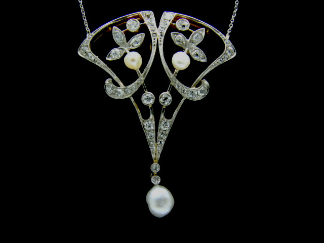 Art Nouveau Diamond Pearl Pendant