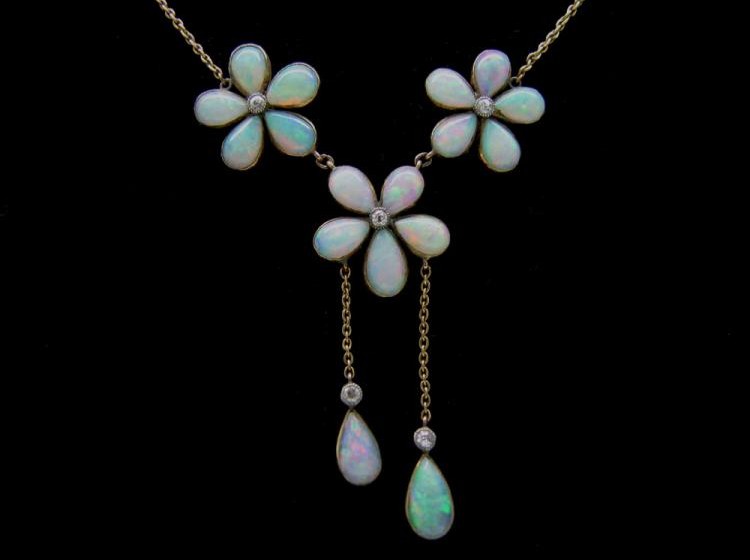 15ct Gold Opal Flower Drop Necklace