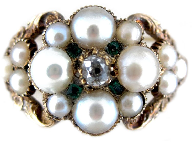 Regency Natural Pearl Diamond Emerald Ring