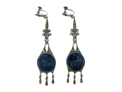 Very Large Art Deco Marcasite Swiss Lapis Earrings