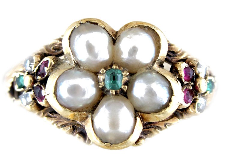 Regency Natural Pearl, Diamond, Ruby & Emerald Cluster Ring
