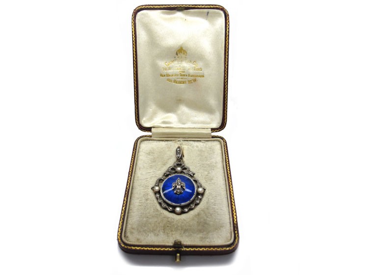 Royal Blue Enamel Diamond Pendant in Box