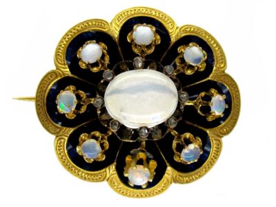 Opal Blue Enamel Rose Diamond Brooch