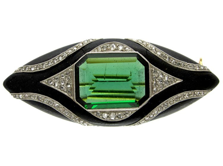 Green Tourmaline Diamond & Wood Brooch