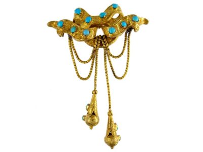 18ct Gold & Turquoise Double Tassle Drop Brooch