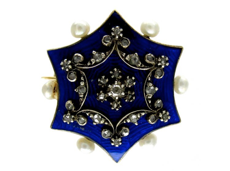 Blue Enamel Rose Diamond & Natural Pearls Brooch