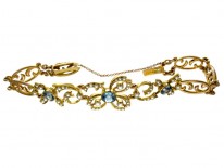 Edwardian 15ct Gold, Blue Zircon & Natural Split Pearl Bracelet