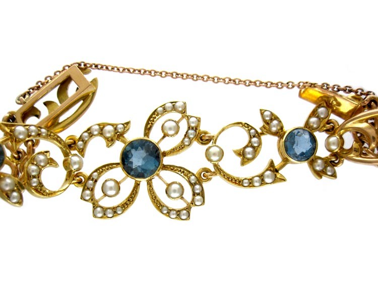 Edwardian 15ct Gold, Blue Zircon & Natural Split Pearl Bracelet