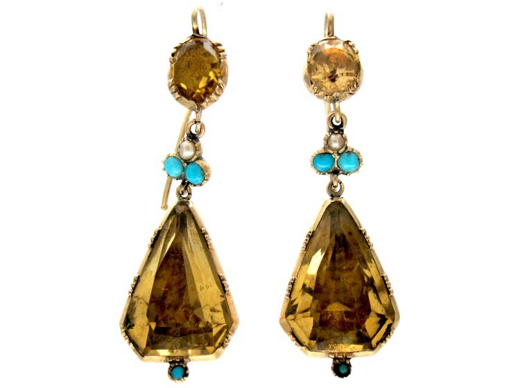 Georgian Citrine, Turquoise Gold Drop Earrings