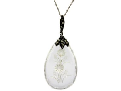 Art Deco Silver Marcasite & Rock Crystal Flower Pendant