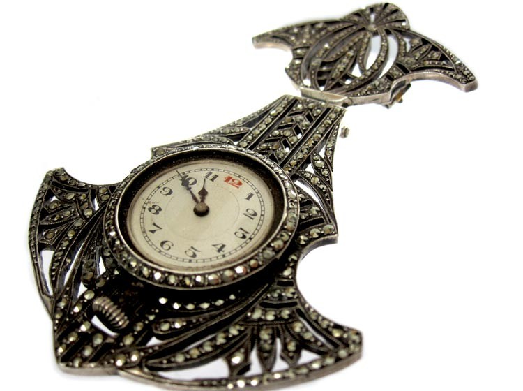 Art Deco Marcasite & Silver Brooch with Watch