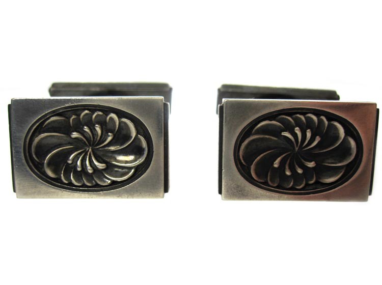 Mid Century Silver Rectangular Cufflinks With Floral Swirls, Designed by Henry Pilstrup for Georg Jensen