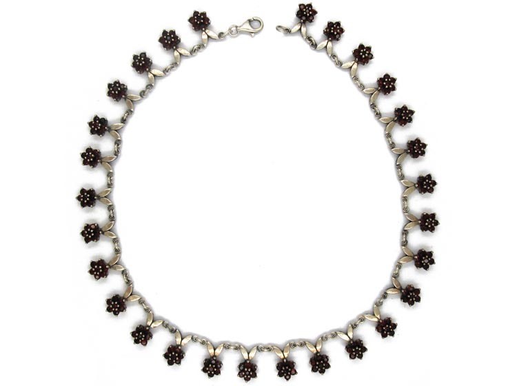 Silver & Garnet Flowers Motif Necklace