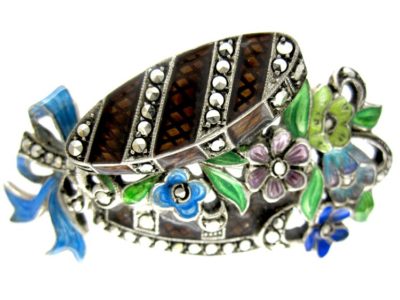 Silver Marcasite ​& Enamel Hat Box Brooch