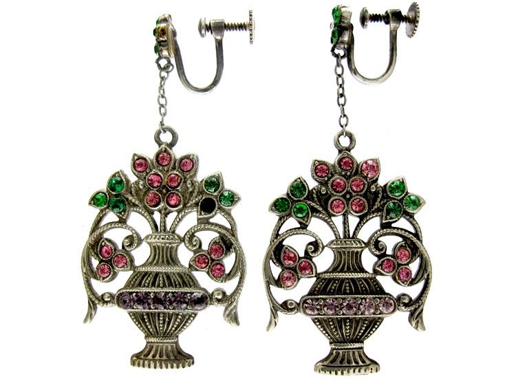 Flower Basket Silver & Paste Earrings (16B) | The Antique Jewellery Company