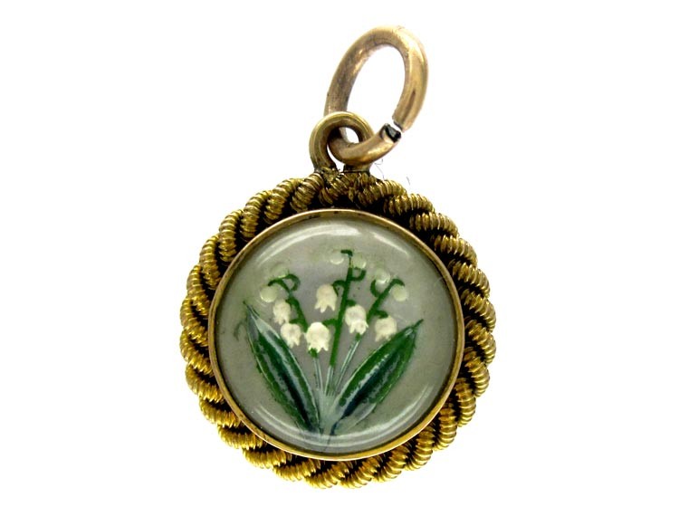 Carved Reverse Intaglio Crystal Charm of Lilly of The Valley