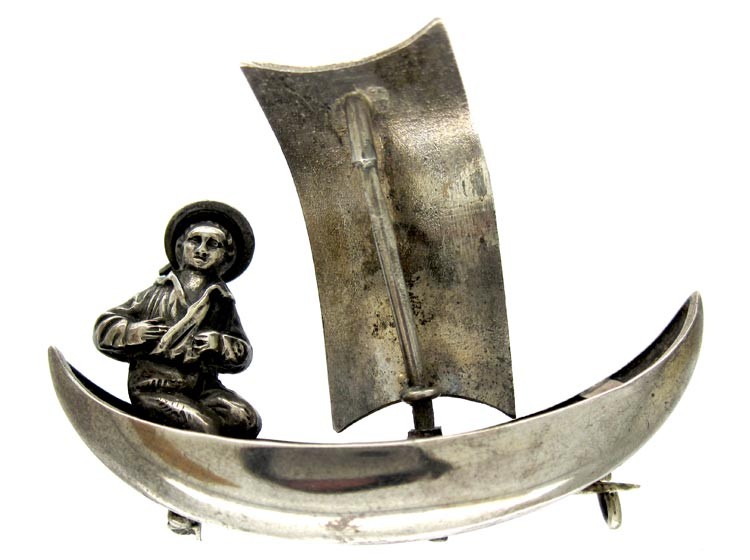Silver Novelty Brooch of Sailor in His Boat