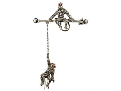 Marcasite Silver Double Monkey Brooch